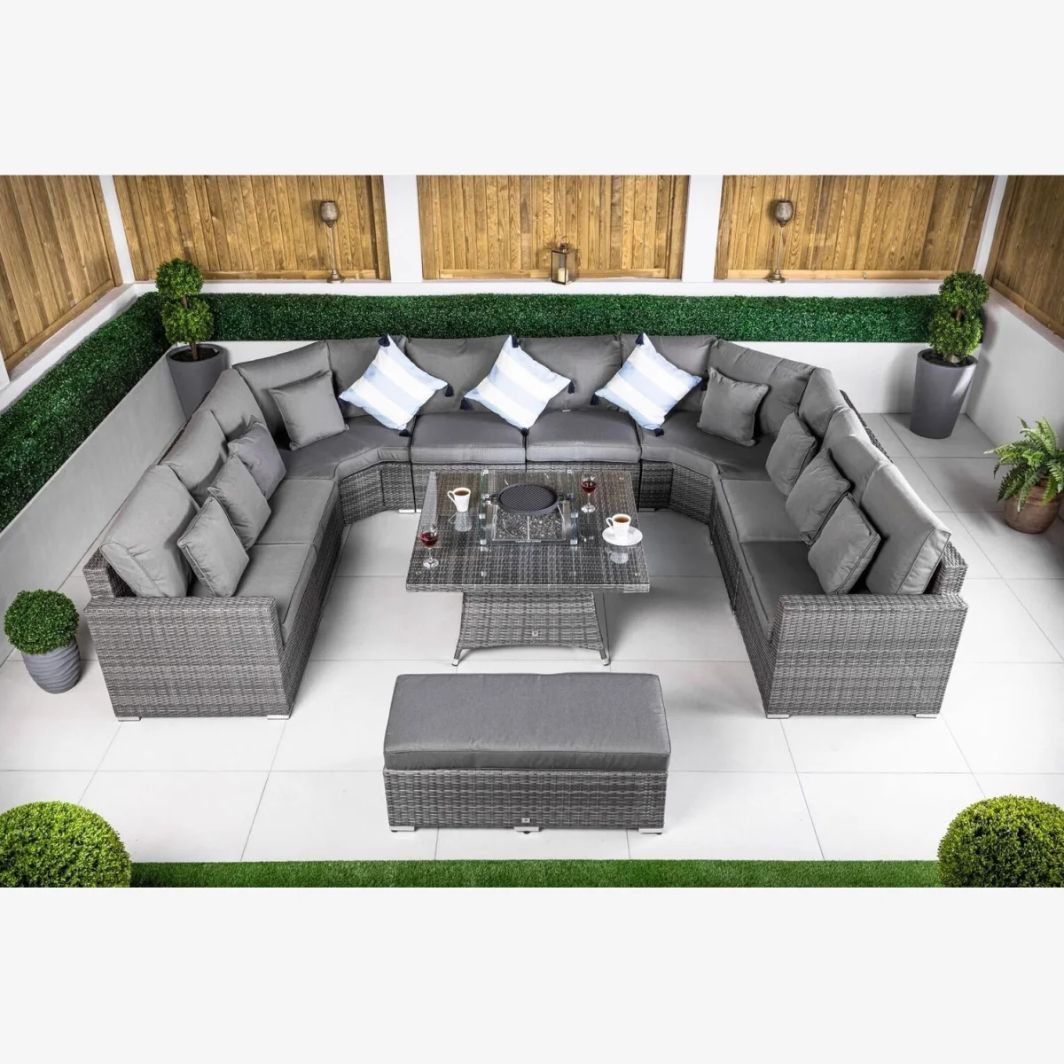 Santorini Modular Rattan Garden Sofa Set with Fire Pit Table & Bench - Grey – image 1