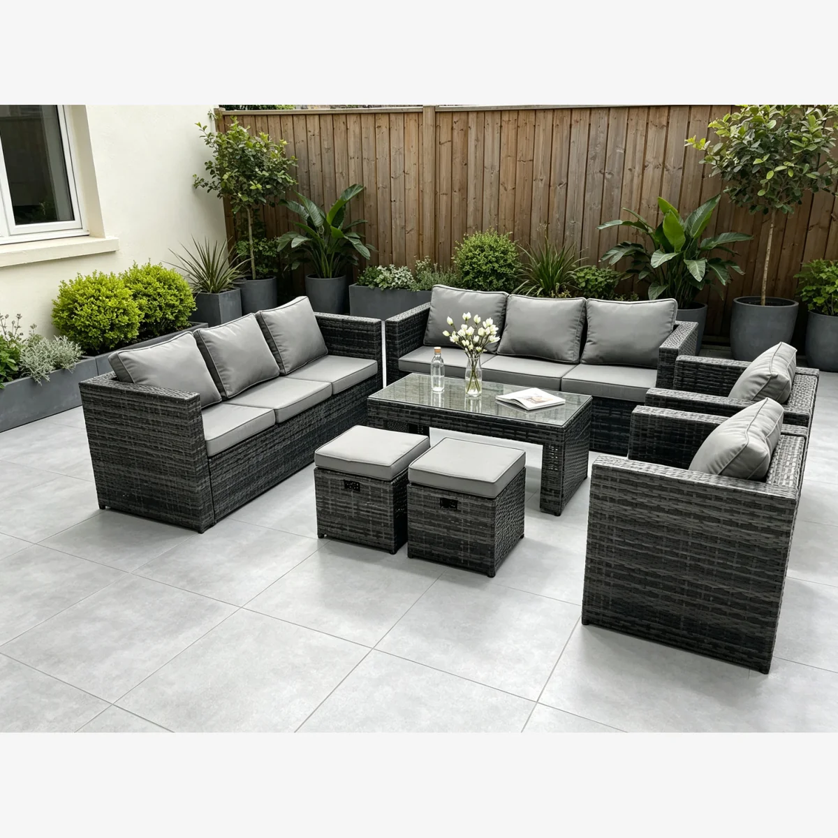 Fimous Outdoor Lounge Rattan Sofa Set with Armchair & Stools - Dark Grey