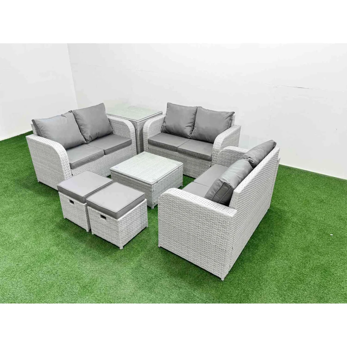 Fimous 8-Seater PE Rattan Garden Sofa Set with Tempered Glass Coffee Table, Side Table and Stools. - Light Grey – image 5