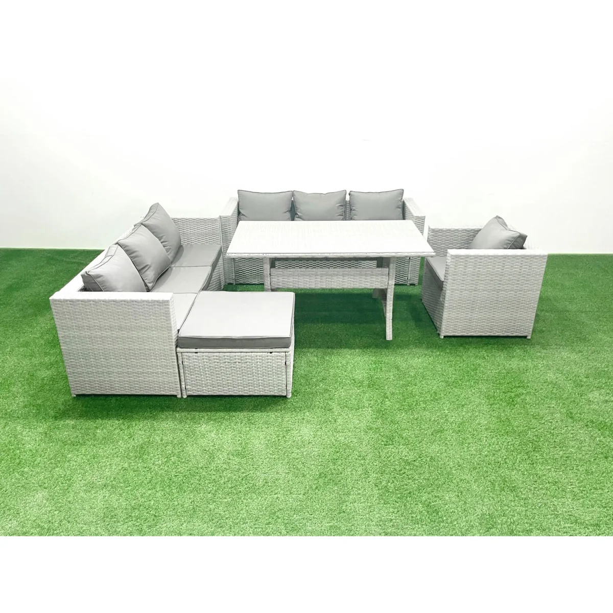 Fimous 5-Piece Outdoor Rattan Sofa Set with Cushions and Dining Table - Light grey mixed rattan with dark grey fabric – image 5