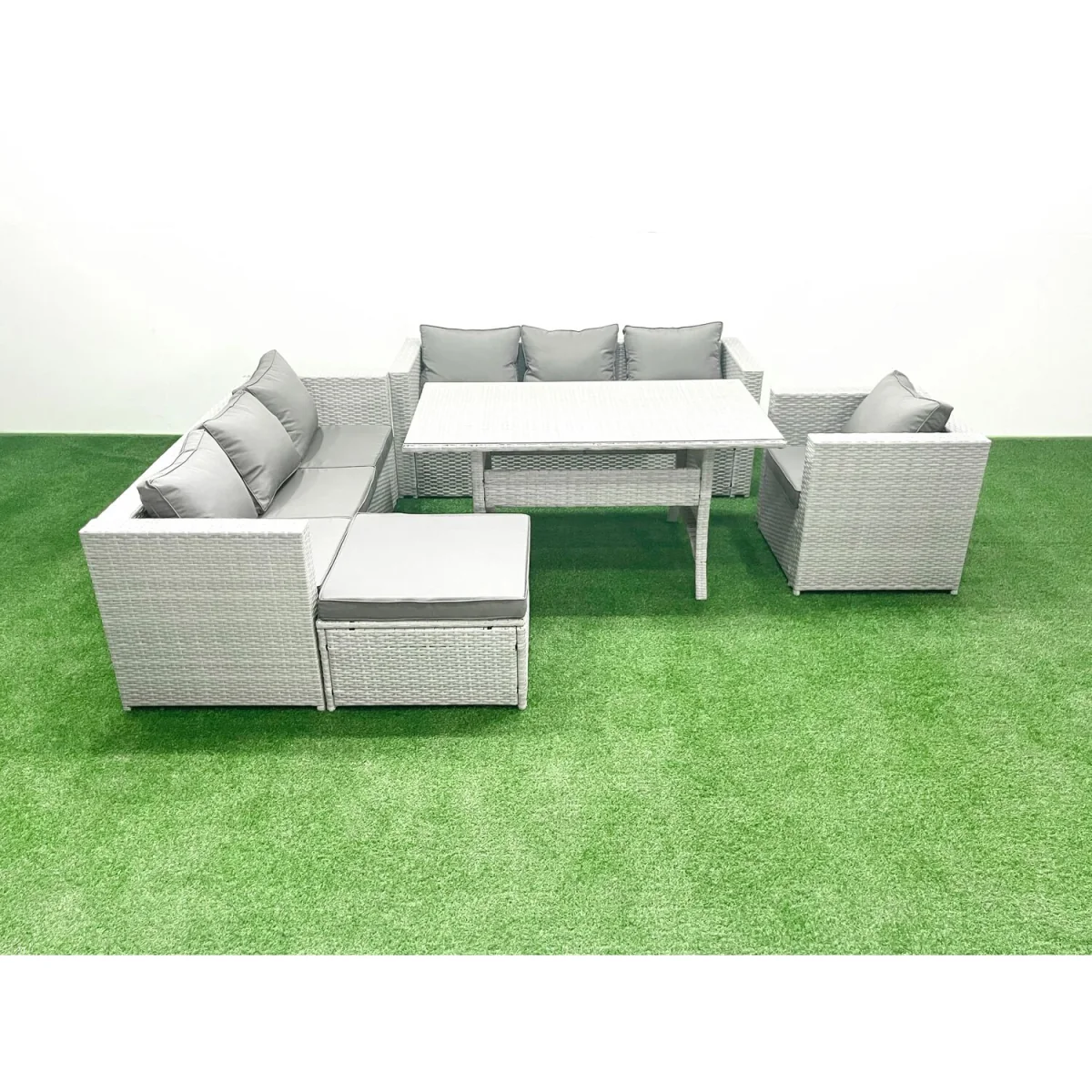 Fimous 5-Piece Outdoor Rattan Sofa Set with Cushions and Dining Table - Light grey mixed rattan with dark grey fabric – image 1