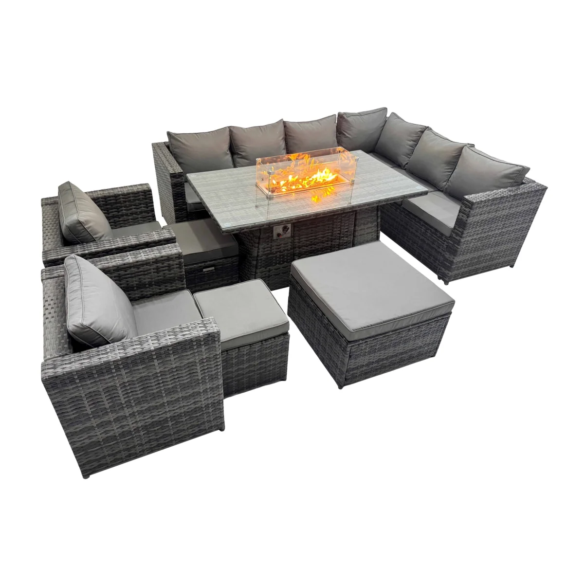 Fimous 11-Seater Rattan Outdoor Sofa Set with Gas Firepit Dark Grey - Dark grey mixed rattan with dark grey fabric – image 1