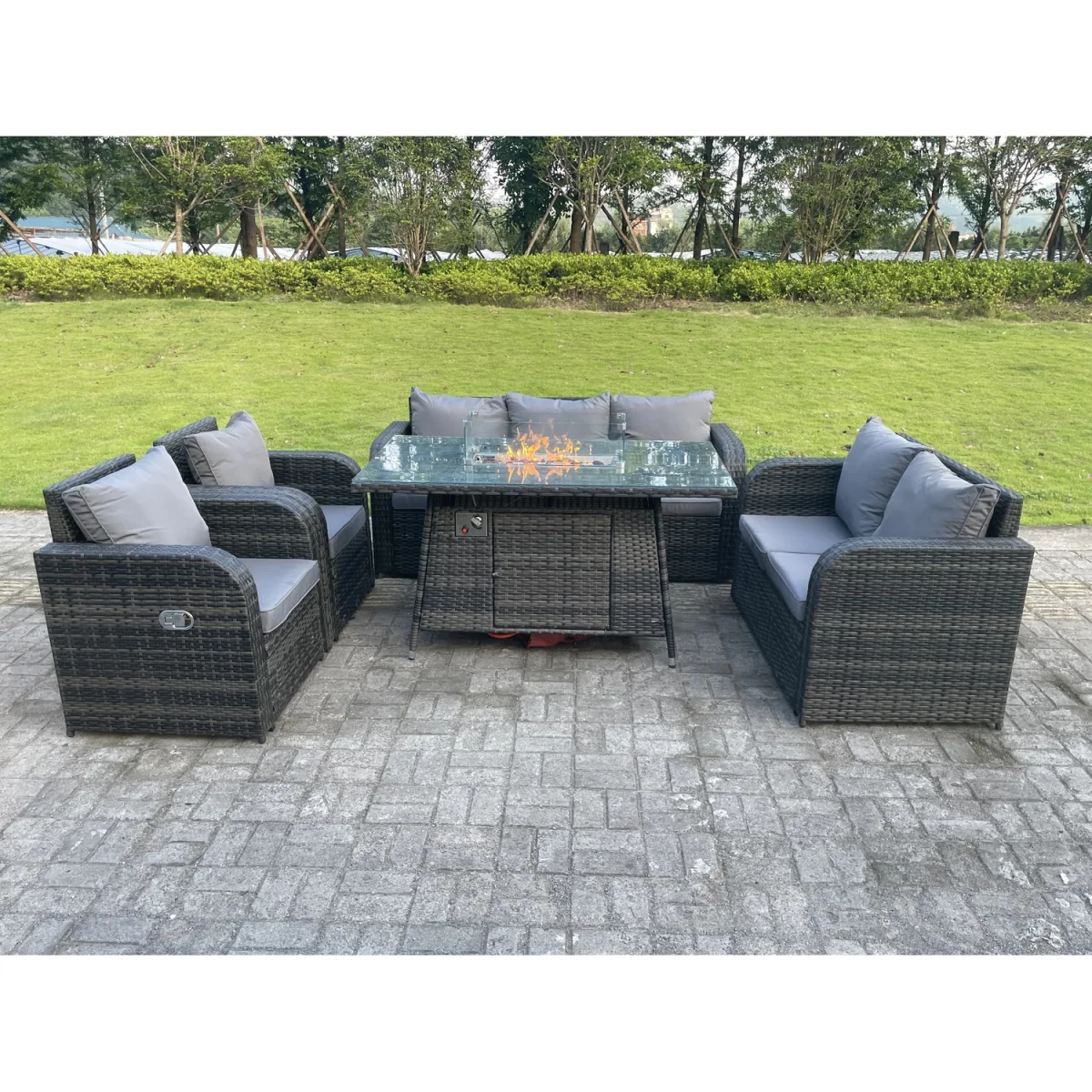 Rattan 7 Seater Gas Fire Pit Sofa Set Love Sofa Reclining Chairs - Dark Grey Mixed – image 2