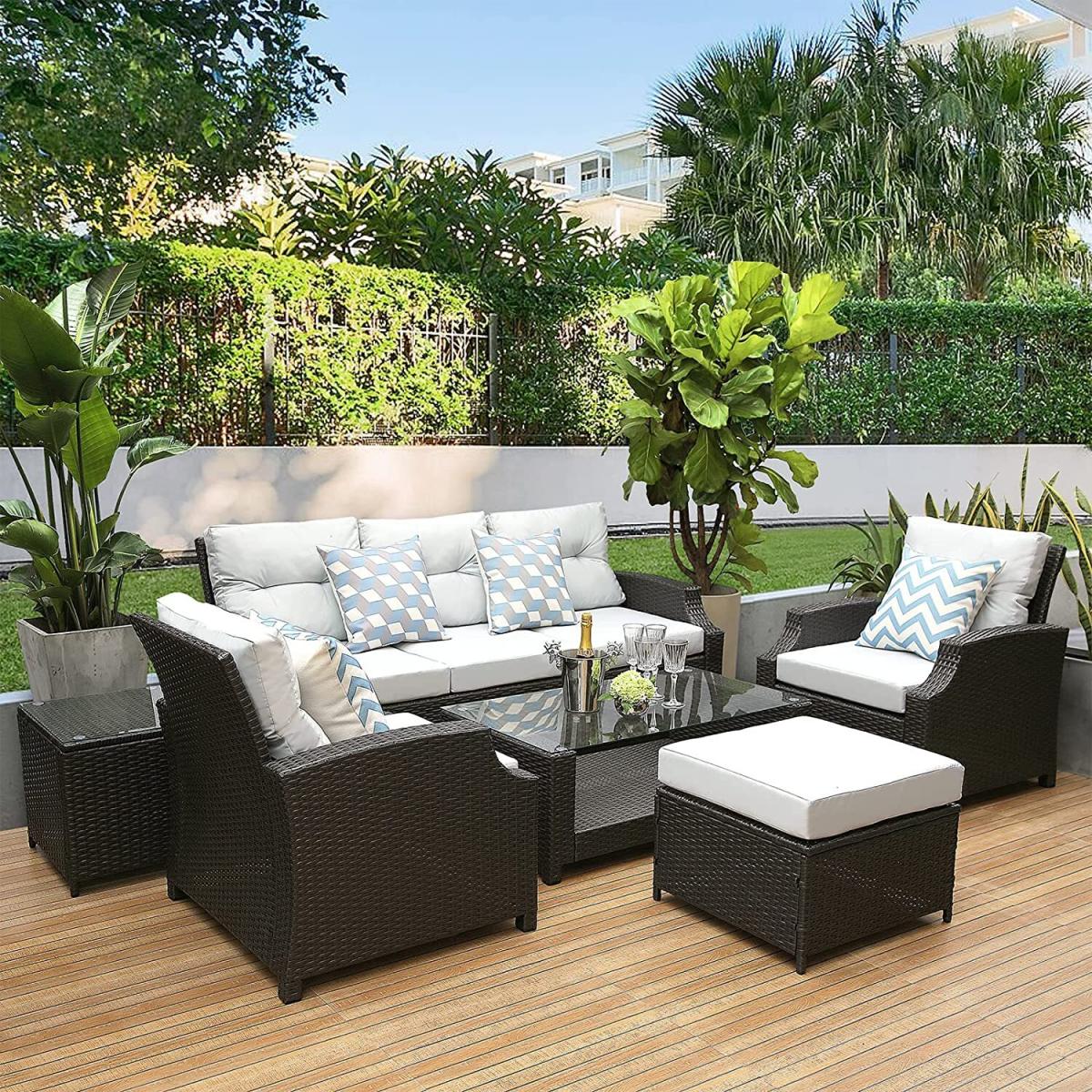 6 Seater Rattan Garden Patio Furniture Set - Brown