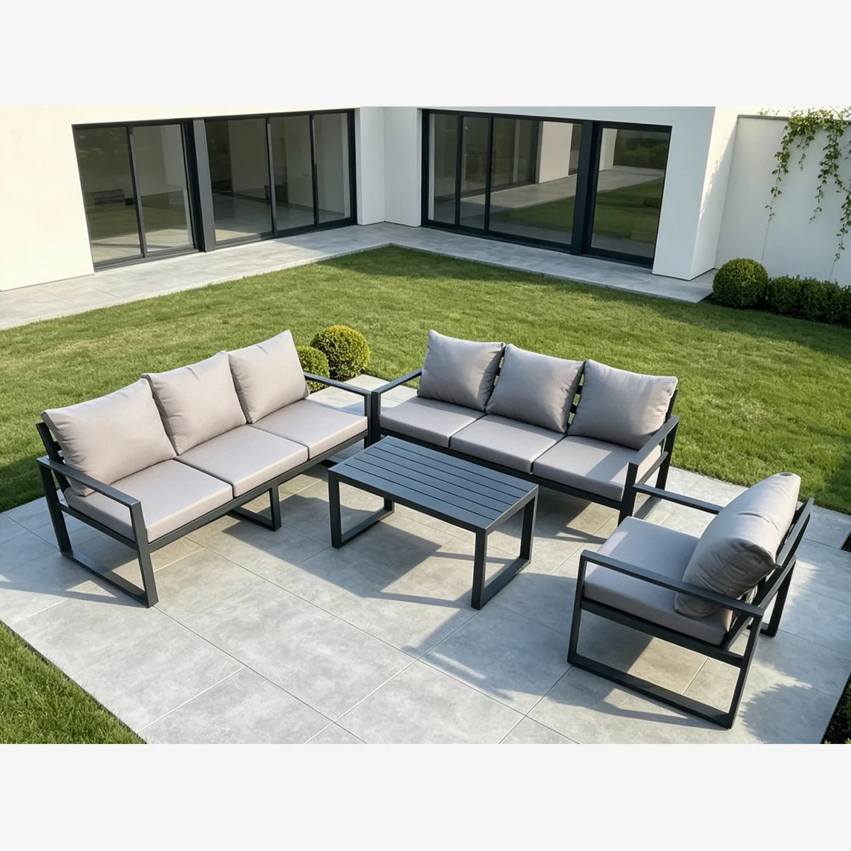 7-Seater Aluminium Garden Patio Sofa Set Rectangular Coffee Table & Chair - Dark grey