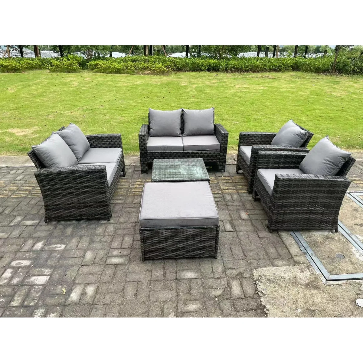 7 Seater High Back Rattan Sofa Set Garden Furniture 2 Seater Sofa - Dark Grey Mixed – image 2