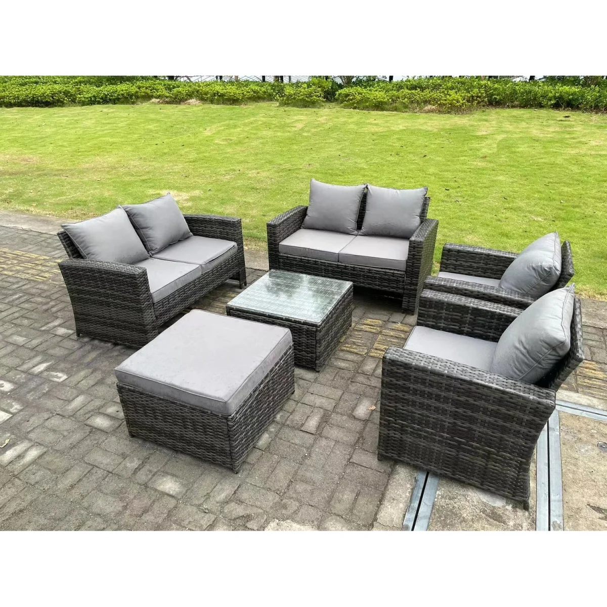 7 Seater High Back Rattan Sofa Set Garden Furniture 2 Seater Sofa - Dark Grey Mixed – image 3