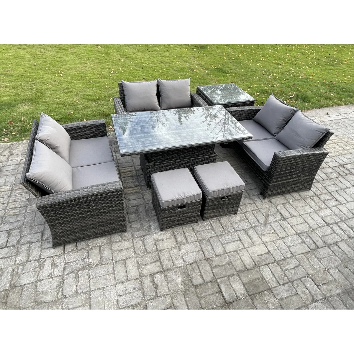 Fimous 7-piece Outdoor Lounge Sofa Set PE Rattan with Rising Table and 2 Footstools Dark Grey Mixed - Dark Grey Mixed – image 4
