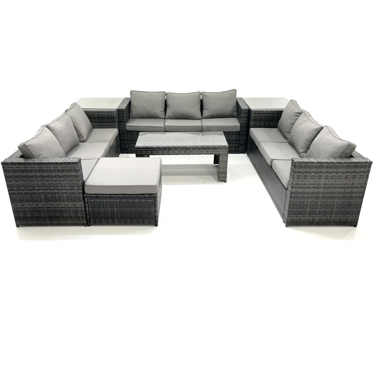 Fimous Outdoor 10-Seater Rattan Sofa Set with Coffee Table, Footstool and Side Tables. - Dark grey mixed PE Rattan – image 4