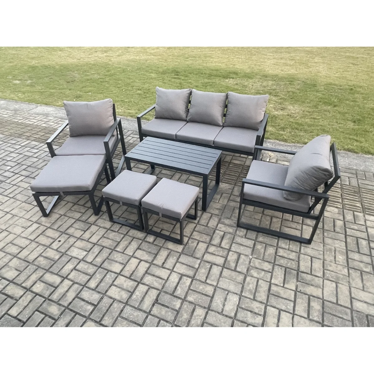 Fimous Powder-coated Aluminium 7-piece Garden Sofa Set with Cushions, 8-seater, Dark Grey. - Dark Grey – image 5