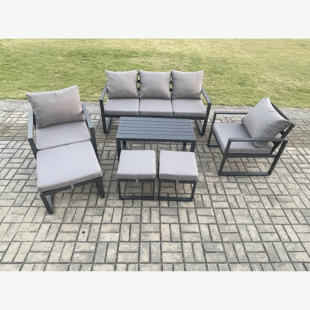 Fimous Powder-coated Aluminium 7-piece Garden Sofa Set with Cushions, 8-seater, Dark Grey. - Dark Grey – image 1