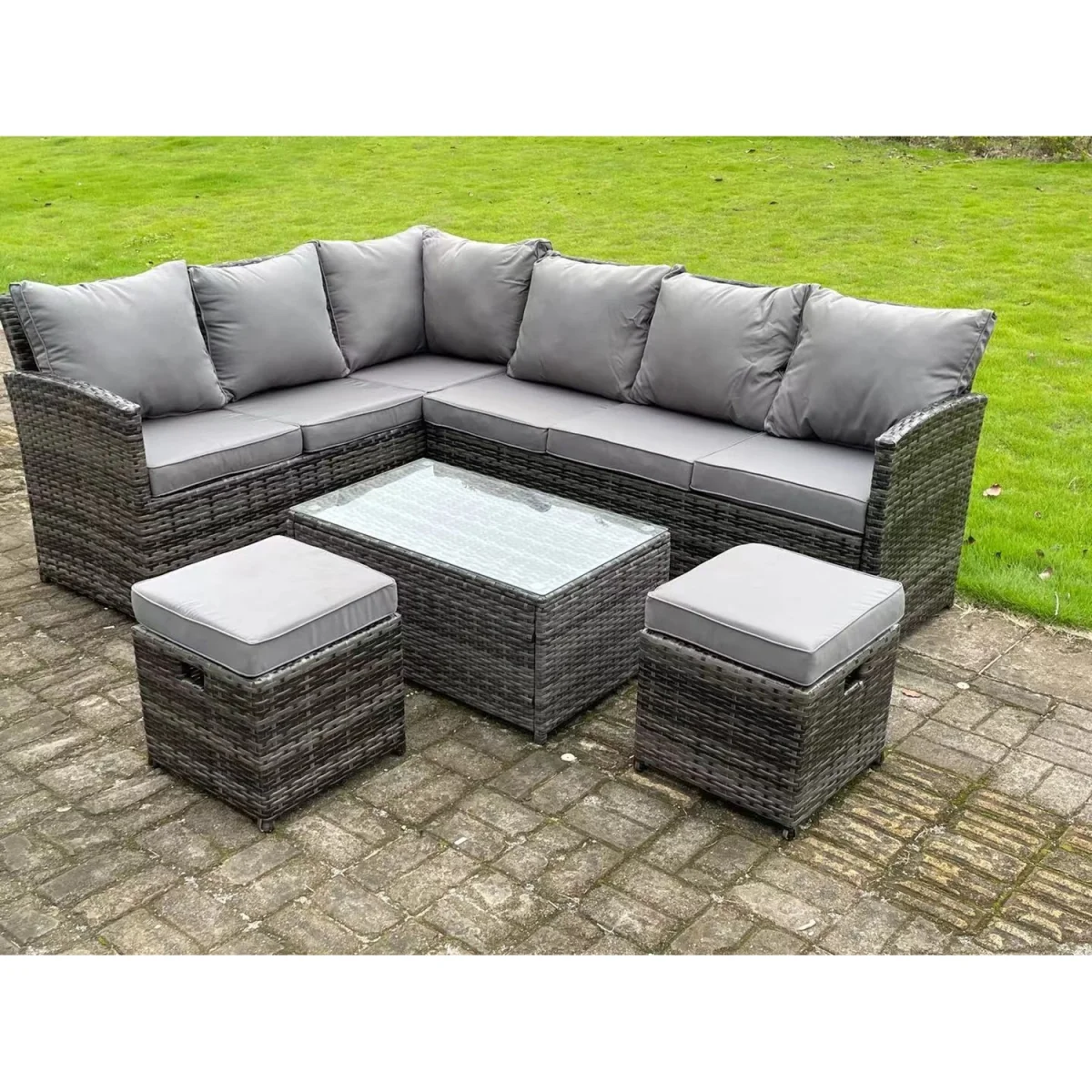 8 Seater High Back Rattan Corner Sofa Set Outdoor Furniture - Dark Grey Mixed – image 4