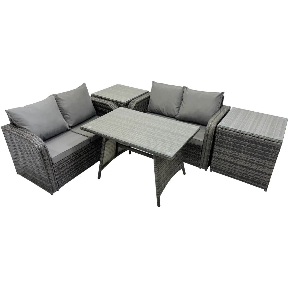 Fimous 4-Seater Garden Rattan Sofa Set with Glass Dining Table and 2 Side Tables. - Dark Grey – image 4