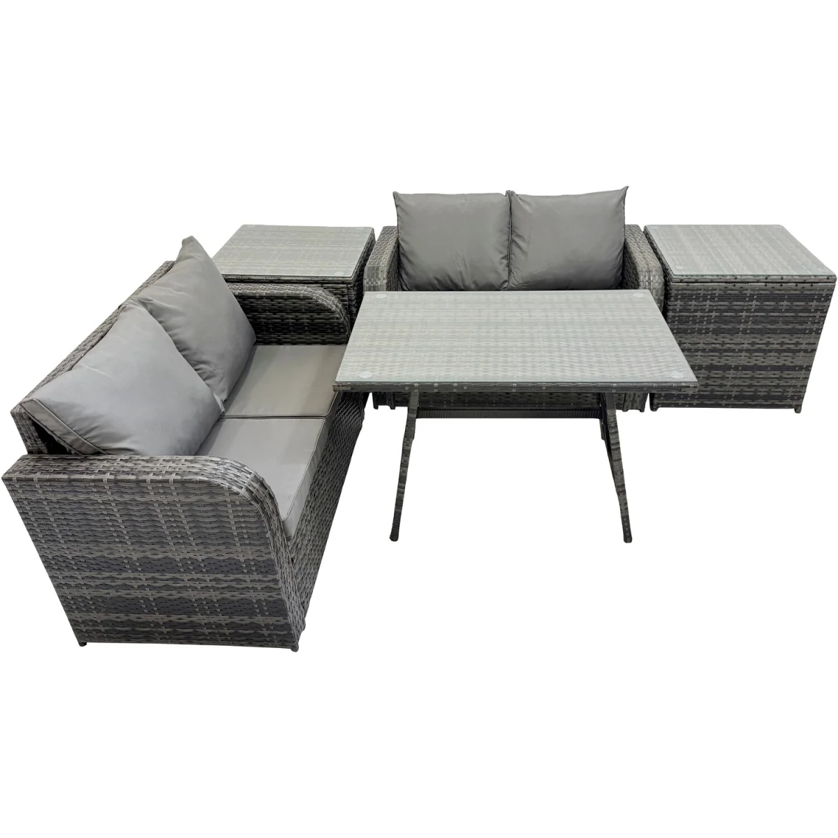 Fimous 4-Seater Garden Rattan Sofa Set with Glass Dining Table and 2 Side Tables. - Dark Grey – image 5