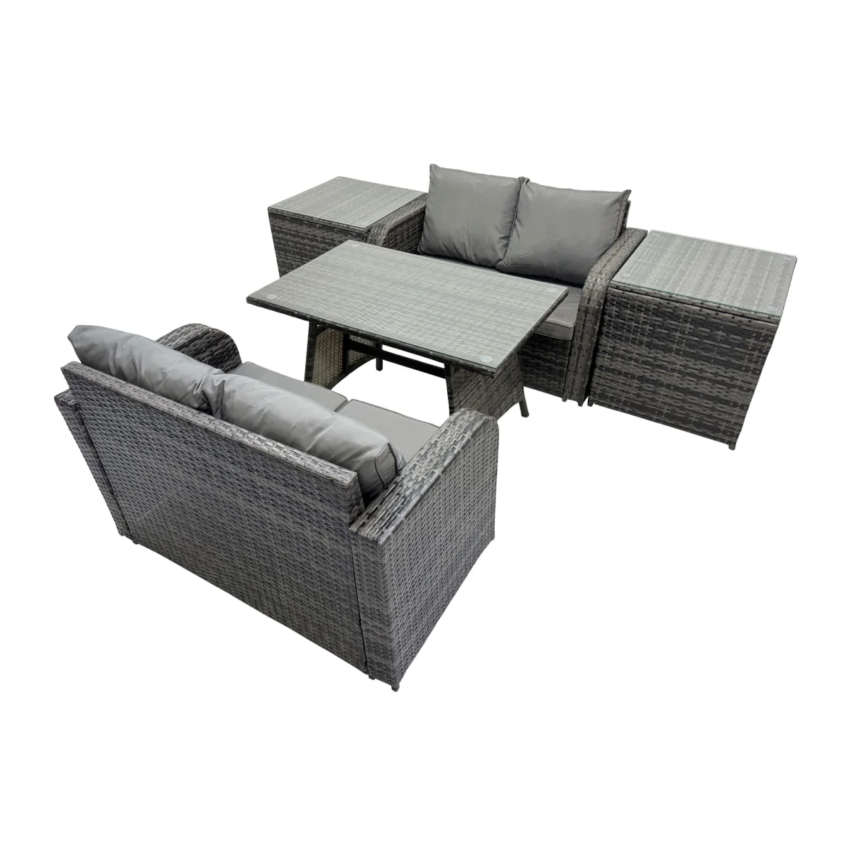 Fimous 4-Seater Garden Rattan Sofa Set with Glass Dining Table and 2 Side Tables. - Dark Grey – image 1