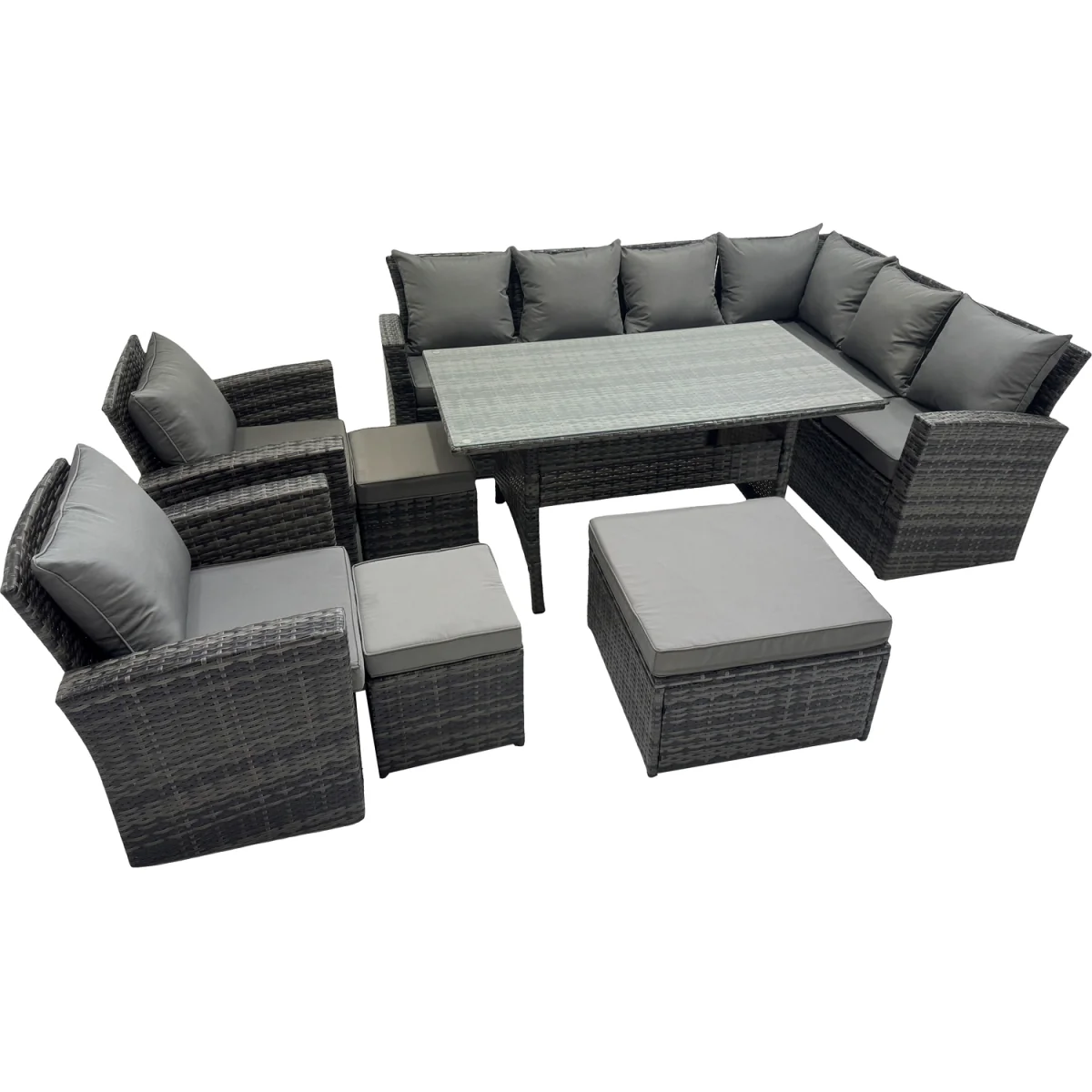 Fimous 11-Seater Rattan Garden Corner Sofa Set with Dining Table, Dark Grey Mixed - Dark grey mixed rattan with dark grey fabric – image 5