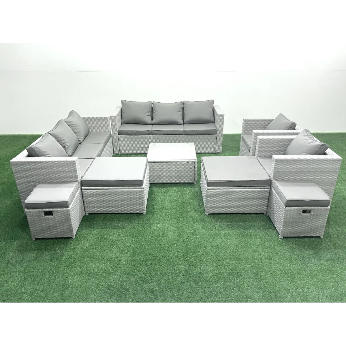 Fimous 12-Seater Garden Rattan Sofa Set with 4 Footstools Light Grey Mixed - Light grey PE rattan with dark grey fabric – image 3