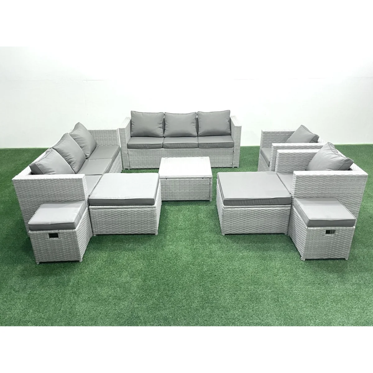 Fimous 12-Seater Garden Rattan Sofa Set with 4 Footstools Light Grey Mixed - Light grey PE rattan with dark grey fabric – image 1