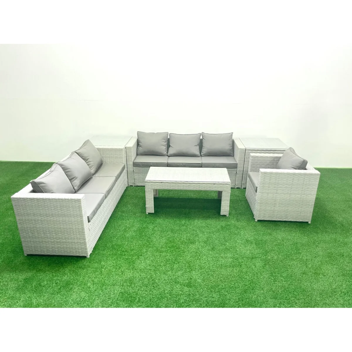 Fimous PE Rattan Wicker Garden Sofa Set with Oblong Coffee Table and 2 Side Tables, Light Grey Mixed - Light Grey Mixed – image 5