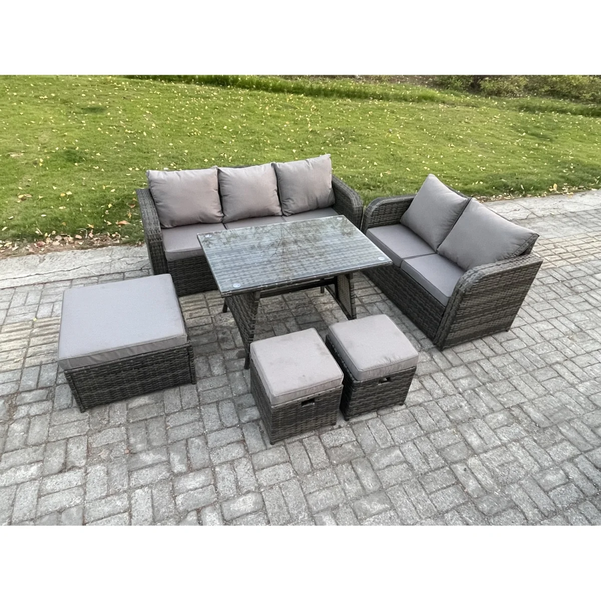 Fimous 6-Piece Outdoor Rattan Sofa Set for 8 Dark Grey Mixed - Dark grey mixed rattan with dark grey fabric – image 4