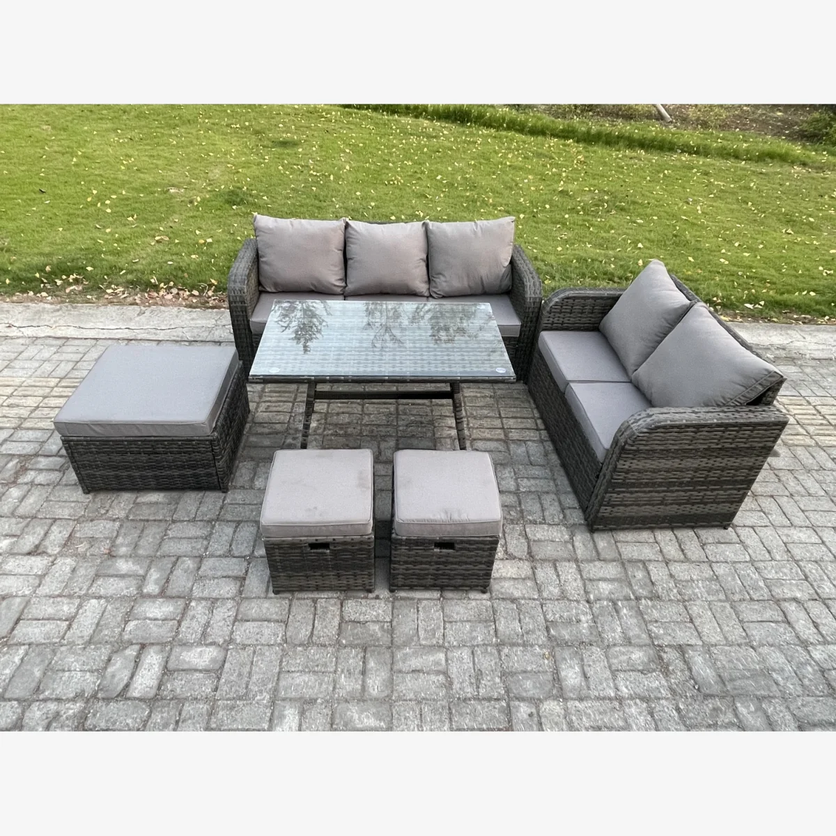 Fimous 6-Piece Outdoor Rattan Sofa Set for 8 Dark Grey Mixed - Dark grey mixed rattan with dark grey fabric – image 1