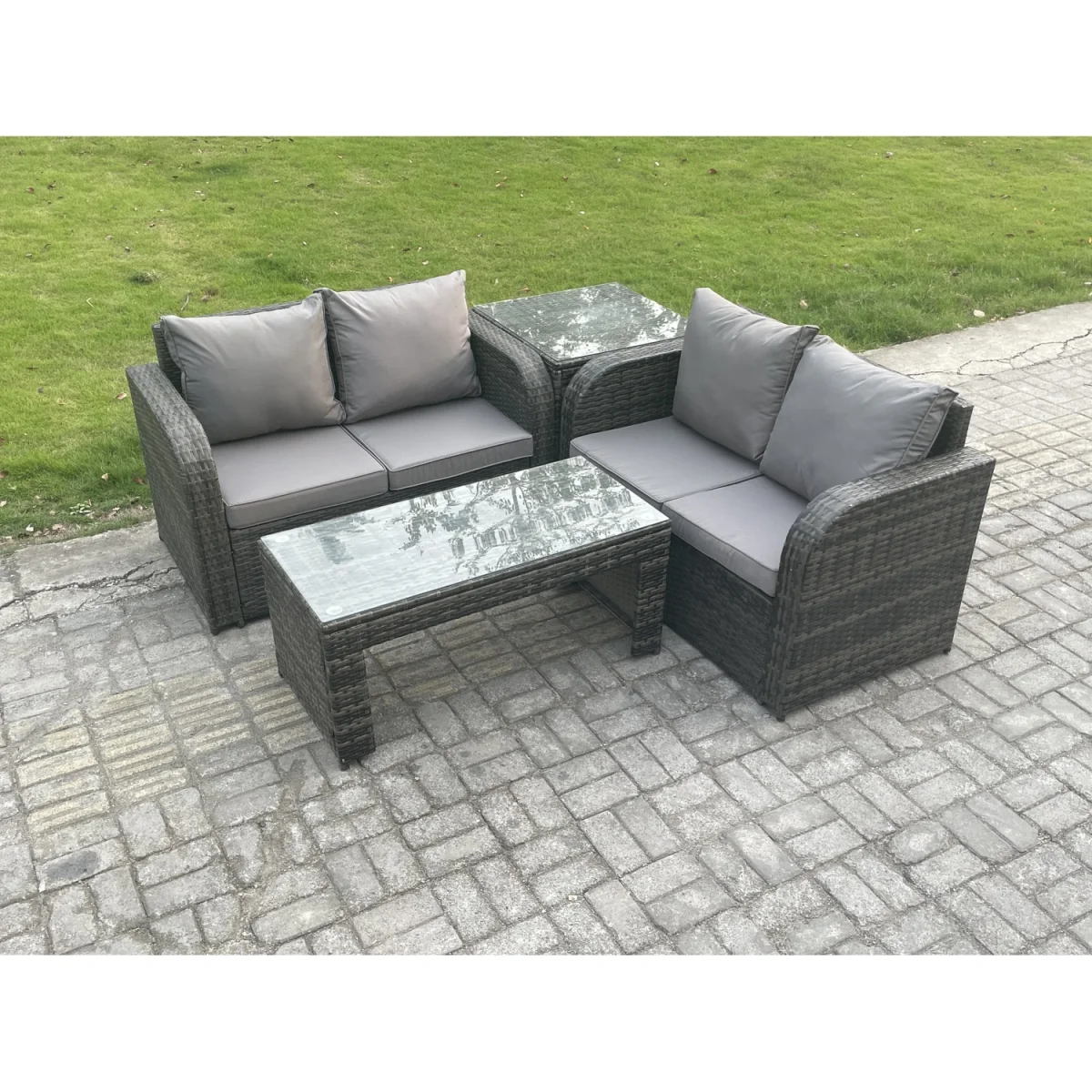 Fimous High Back 4-Seater Rattan Garden Sofa Set with Tempered Glass Coffee Table Dark Grey - Dark Grey Mixed – image 5