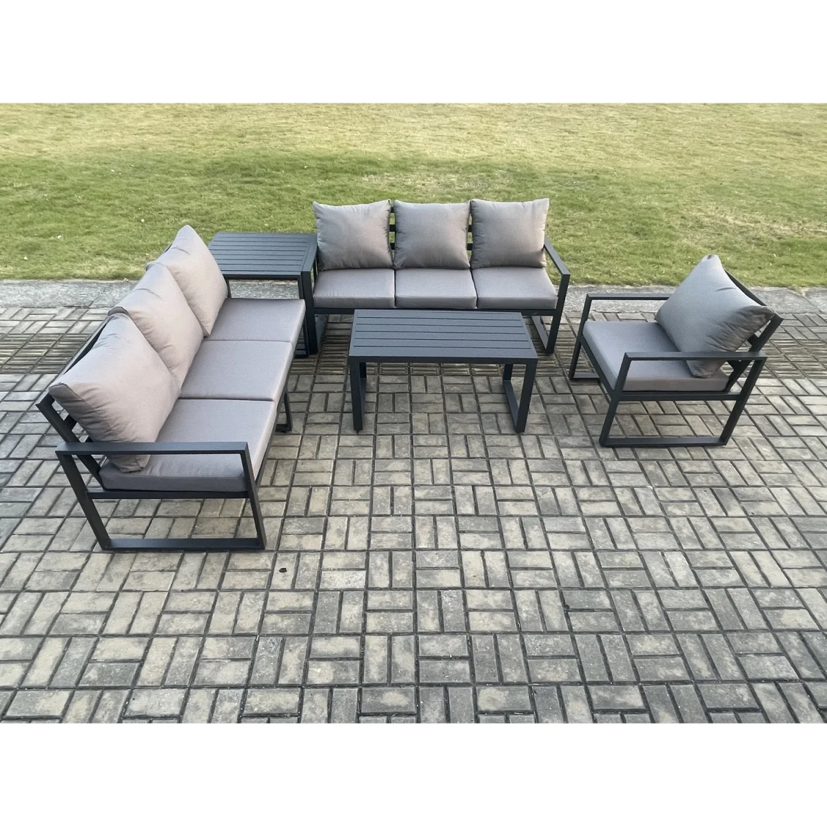 Fimous Aluminium 7-Seater Garden Sofa Set with Cushions, Dark Grey - Dark grey powder coated with dark grey fabric – image 2
