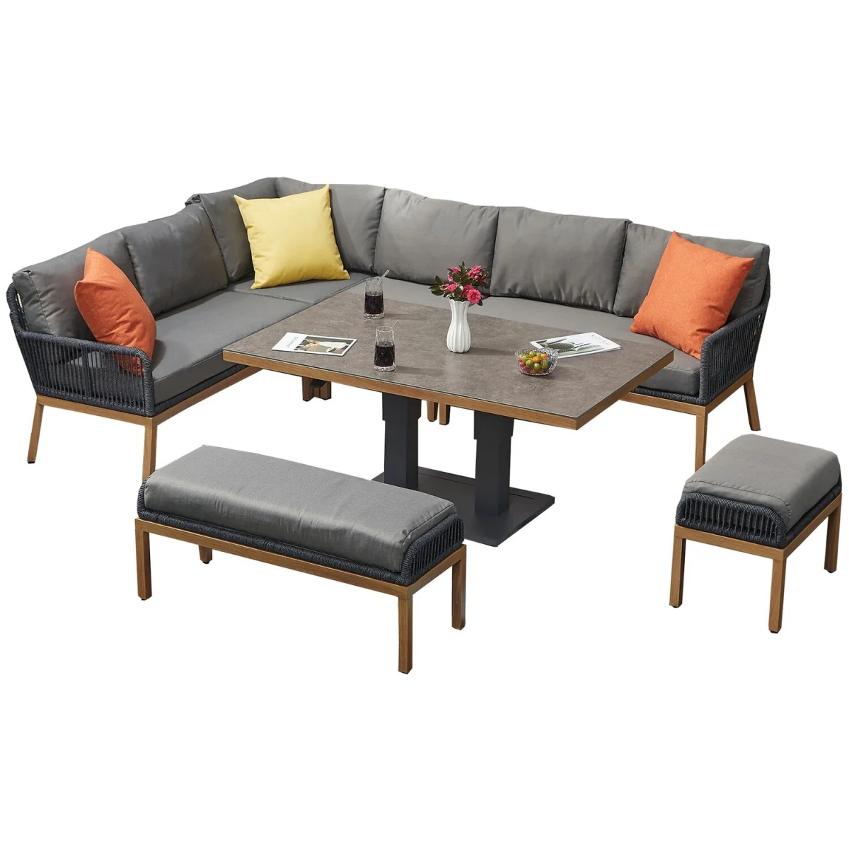 Aluminium 9 Seaters Outdoor Corner Sofa Set with Stool - Grey – image 2