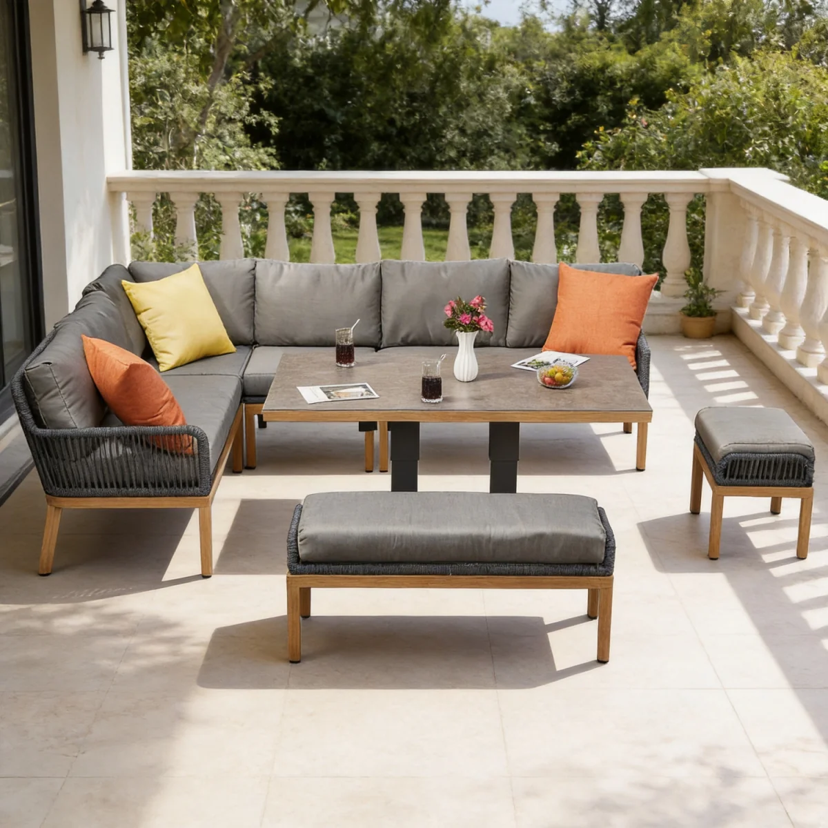 Aluminium 9 Seaters Outdoor Corner Sofa Set with Stool - Grey – image 3
