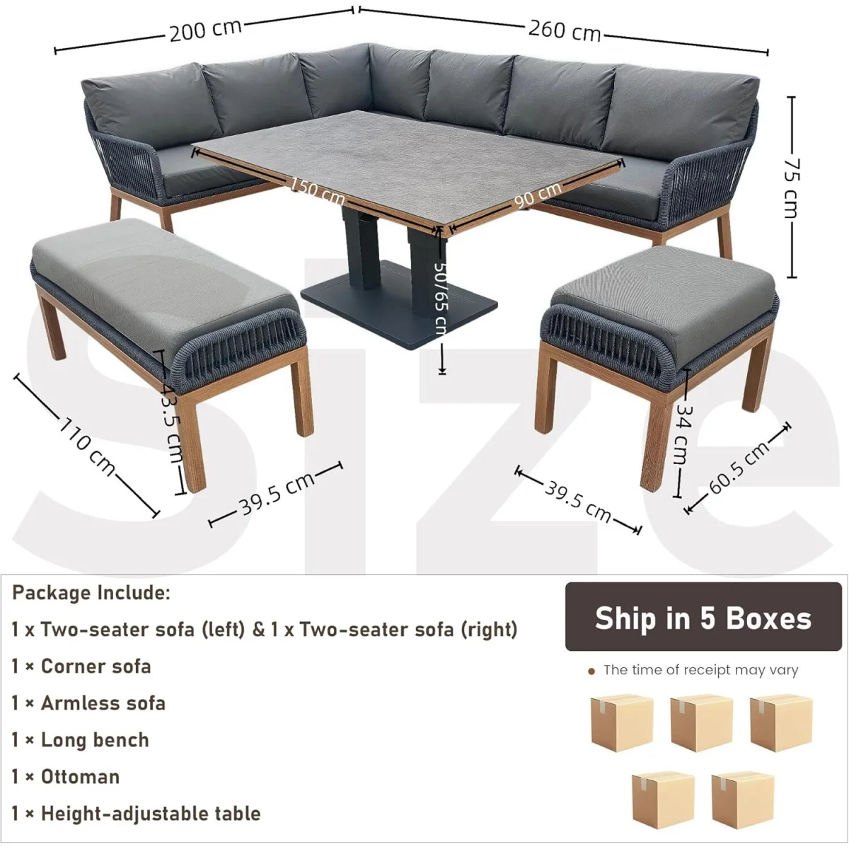 Aluminium 9 Seaters Outdoor Corner Sofa Set with Stool - Grey – image 4