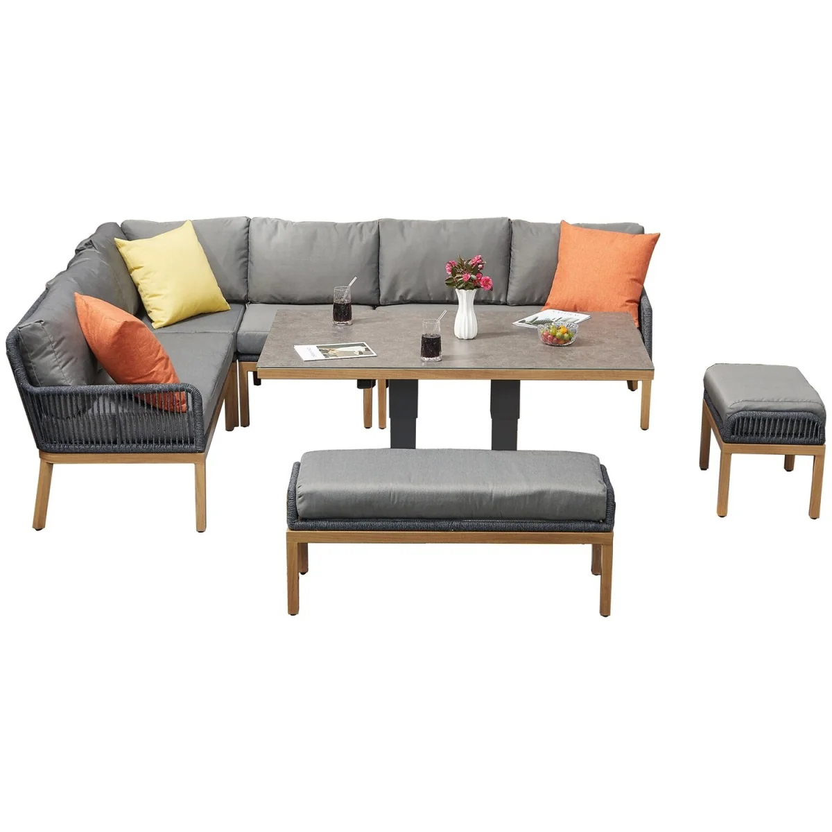 Aluminium 9 Seaters Outdoor Corner Sofa Set with Stool - Grey – image 8
