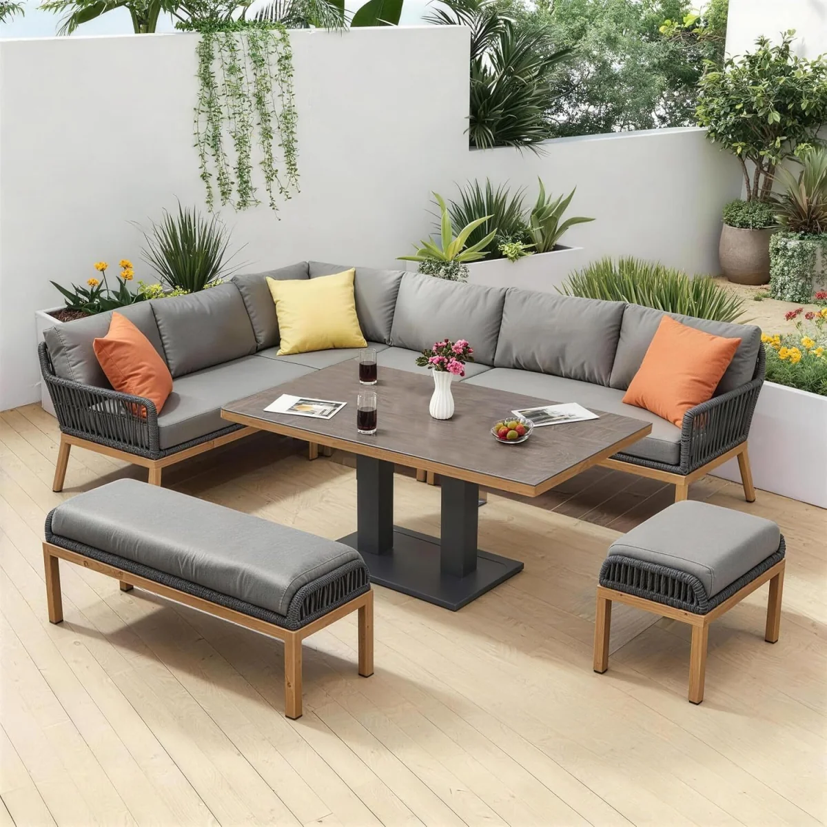 Aluminium 9 Seaters Outdoor Corner Sofa Set with Stool - Grey – image 1
