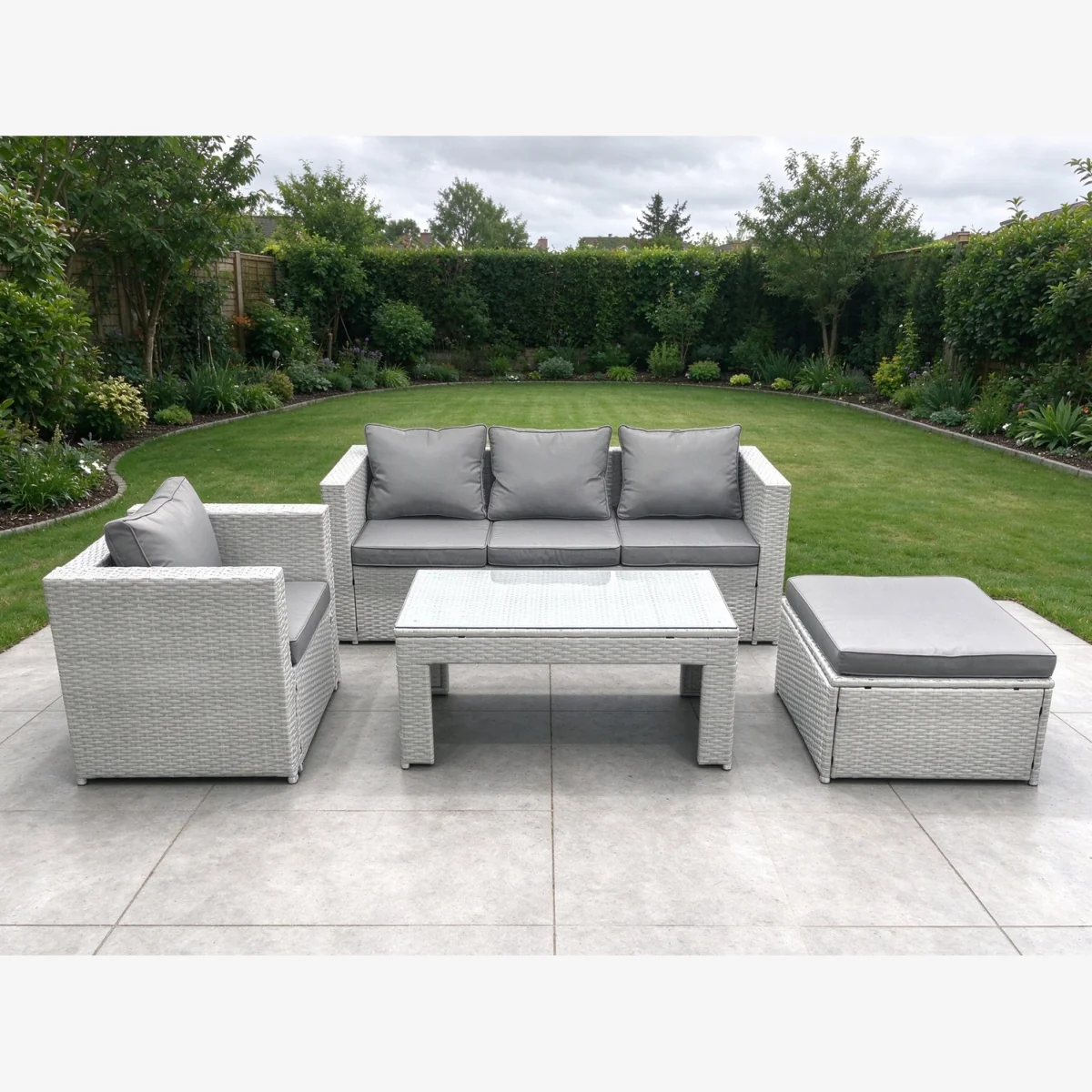 4-Piece Rattan Garden Sofa Set with Glass Coffee Table Footstool