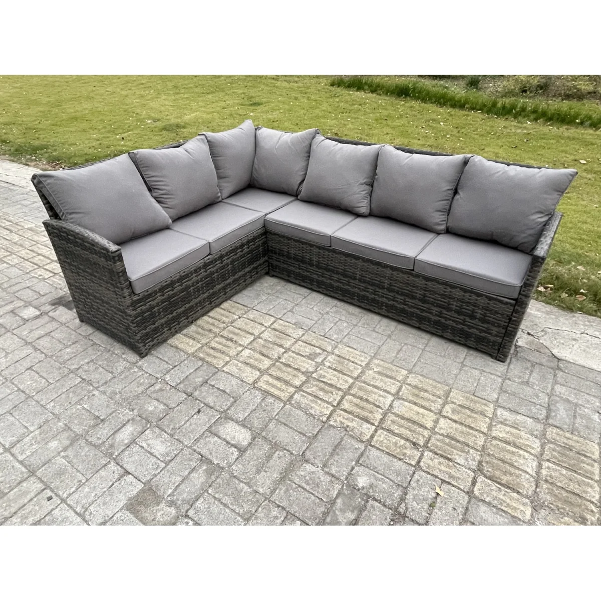 Fimous 9-Seat Outdoor Rattan Corner Sofa Set with Tempered Glass Table, Dark Grey - Dark grey mixed rattan with dark grey fabric – image 3
