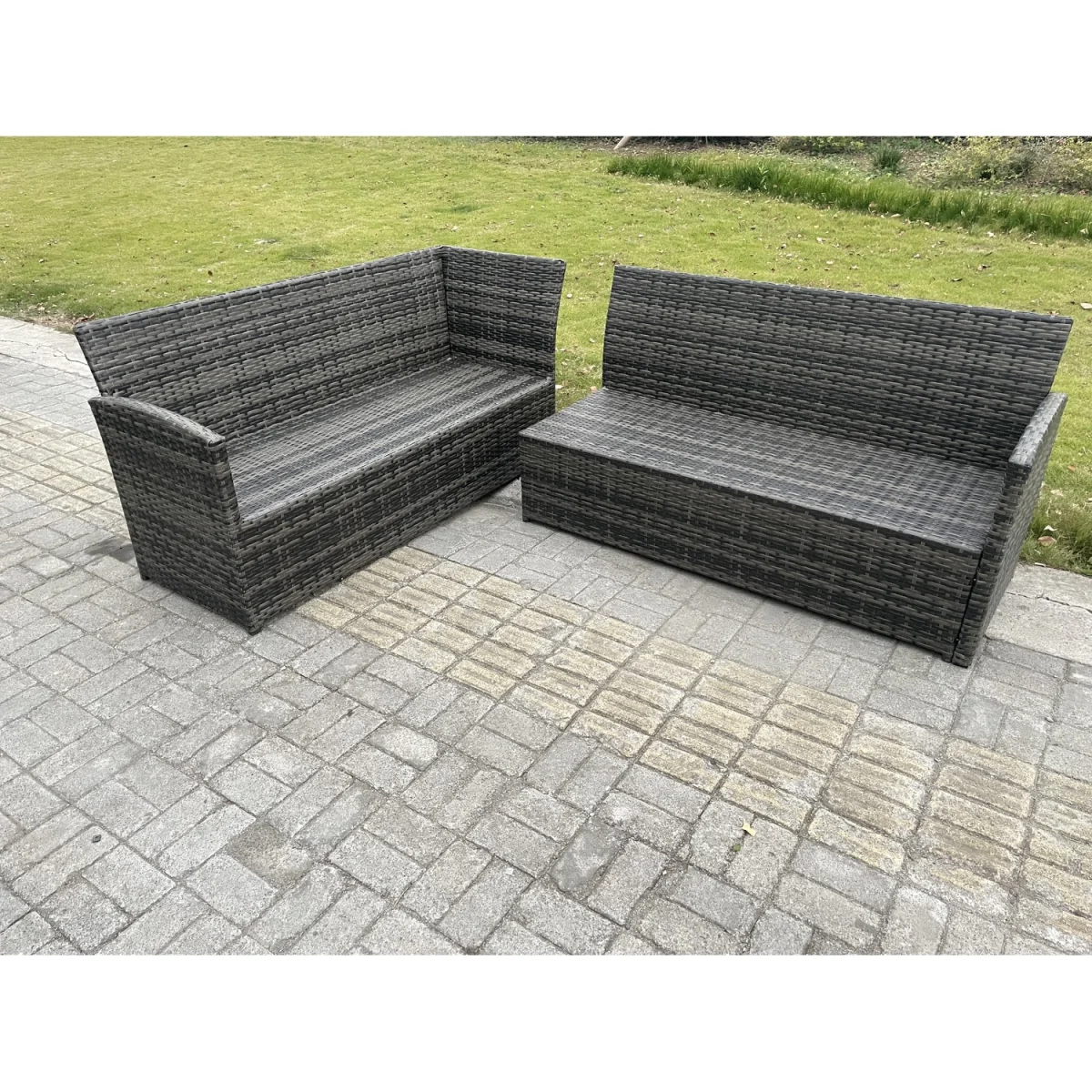 Fimous 9-Seat Outdoor Rattan Corner Sofa Set with Tempered Glass Table, Dark Grey - Dark grey mixed rattan with dark grey fabric – image 4