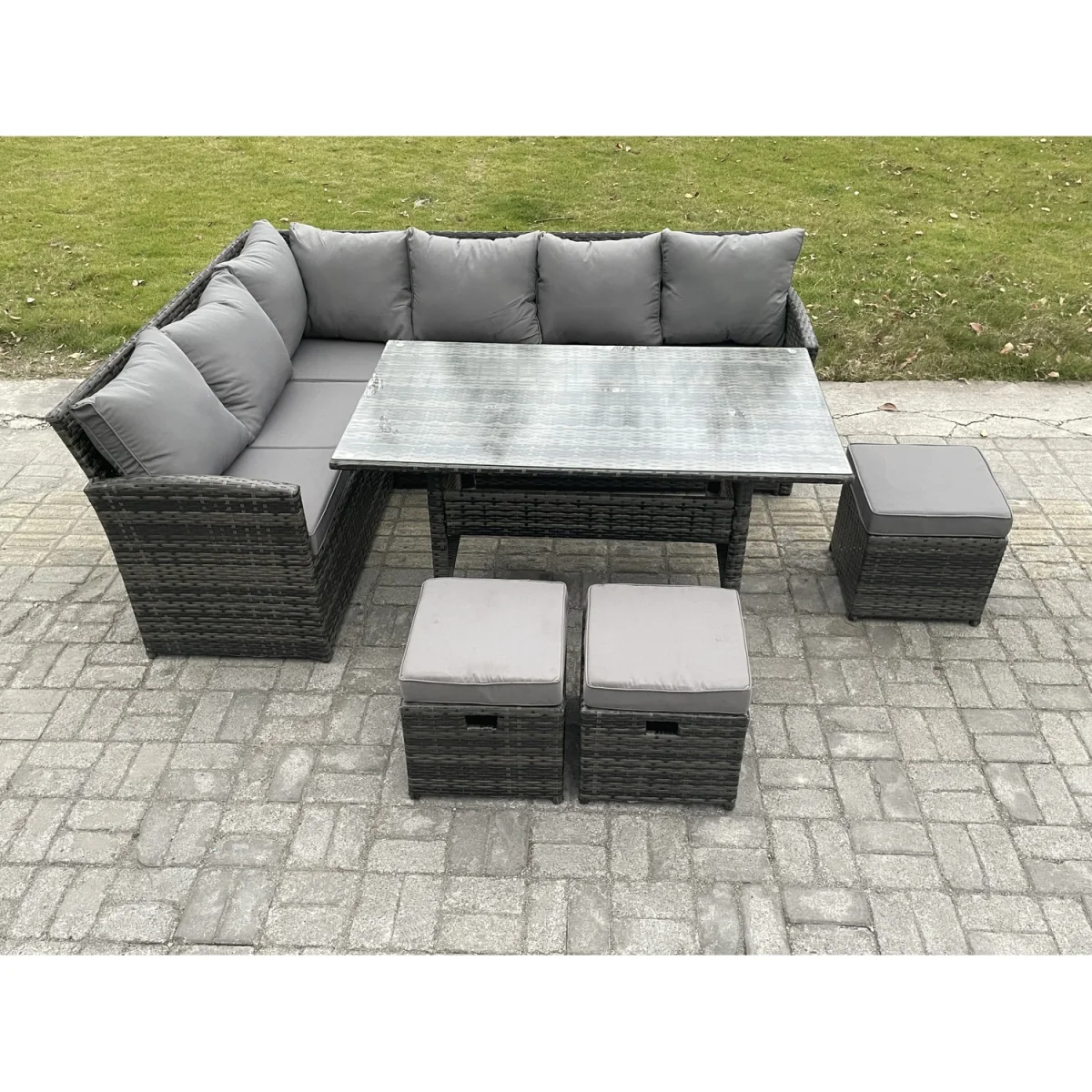 Fimous 9-Seat Outdoor Rattan Corner Sofa Set with Tempered Glass Table, Dark Grey - Dark grey mixed rattan with dark grey fabric – image 5