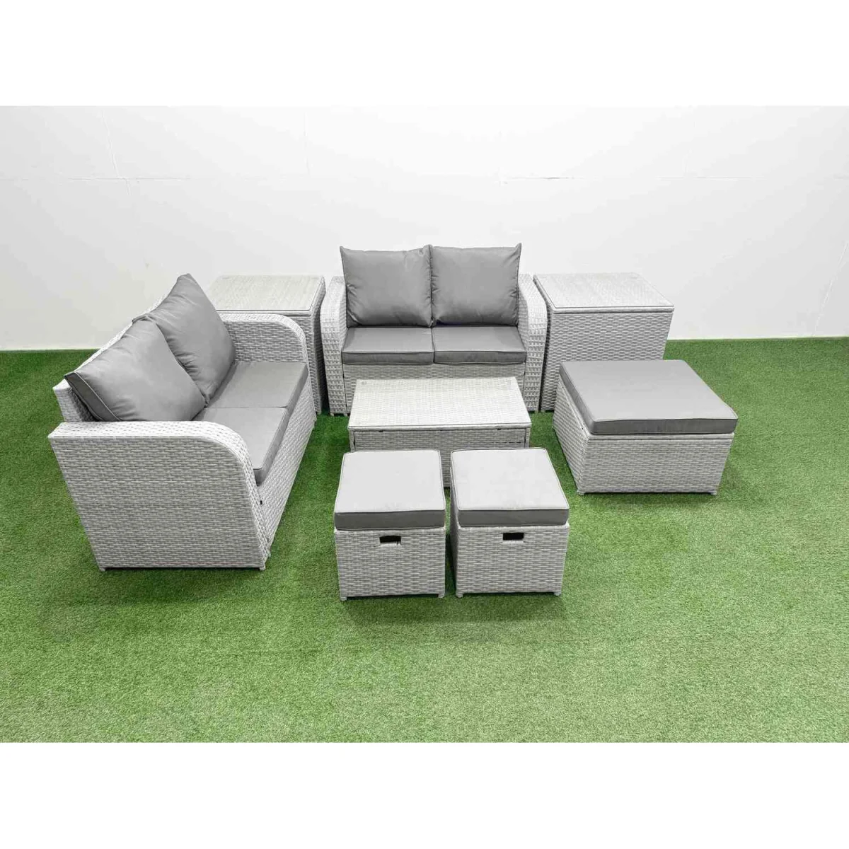 Fimous 7-Seater Light Grey Rattan Garden Sofa Set with Rectangular Coffee Table and Footstools. - Light Grey – image 5