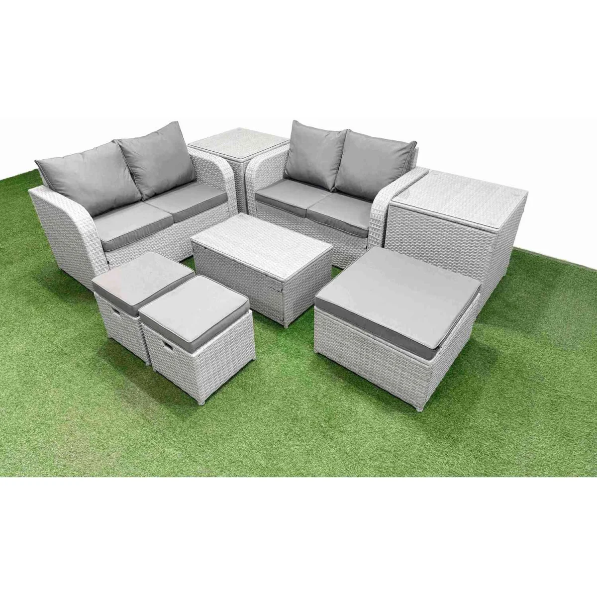Fimous 7-Seater Light Grey Rattan Garden Sofa Set with Rectangular Coffee Table and Footstools. - Light Grey – image 1