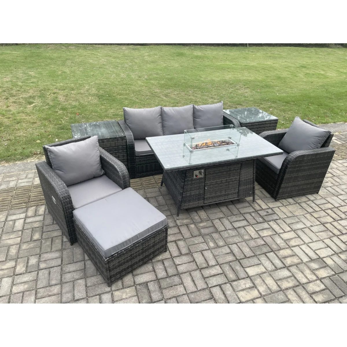 Fimous Wicker Rattan 7-Piece Garden Sofa Set with Glass-Top Gas Fire Pit, Recliners and Side Tables. - Dark Grey – image 2