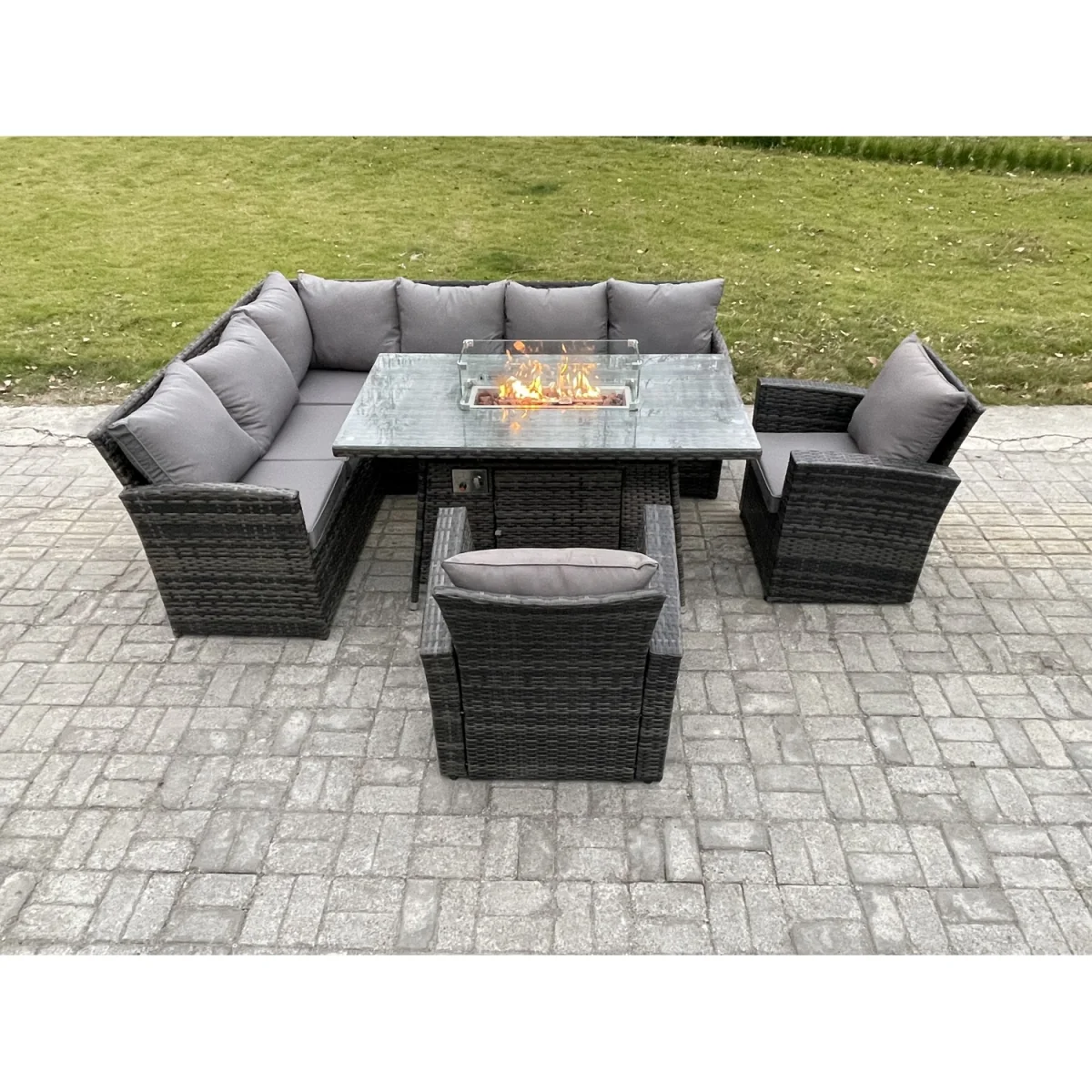 Fimous 8-Seater Rattan Garden Sofa Set with Gas Fire Pit Table and 2 Armchairs. - Dark grey mixed rattan with dark grey fabric – image 2
