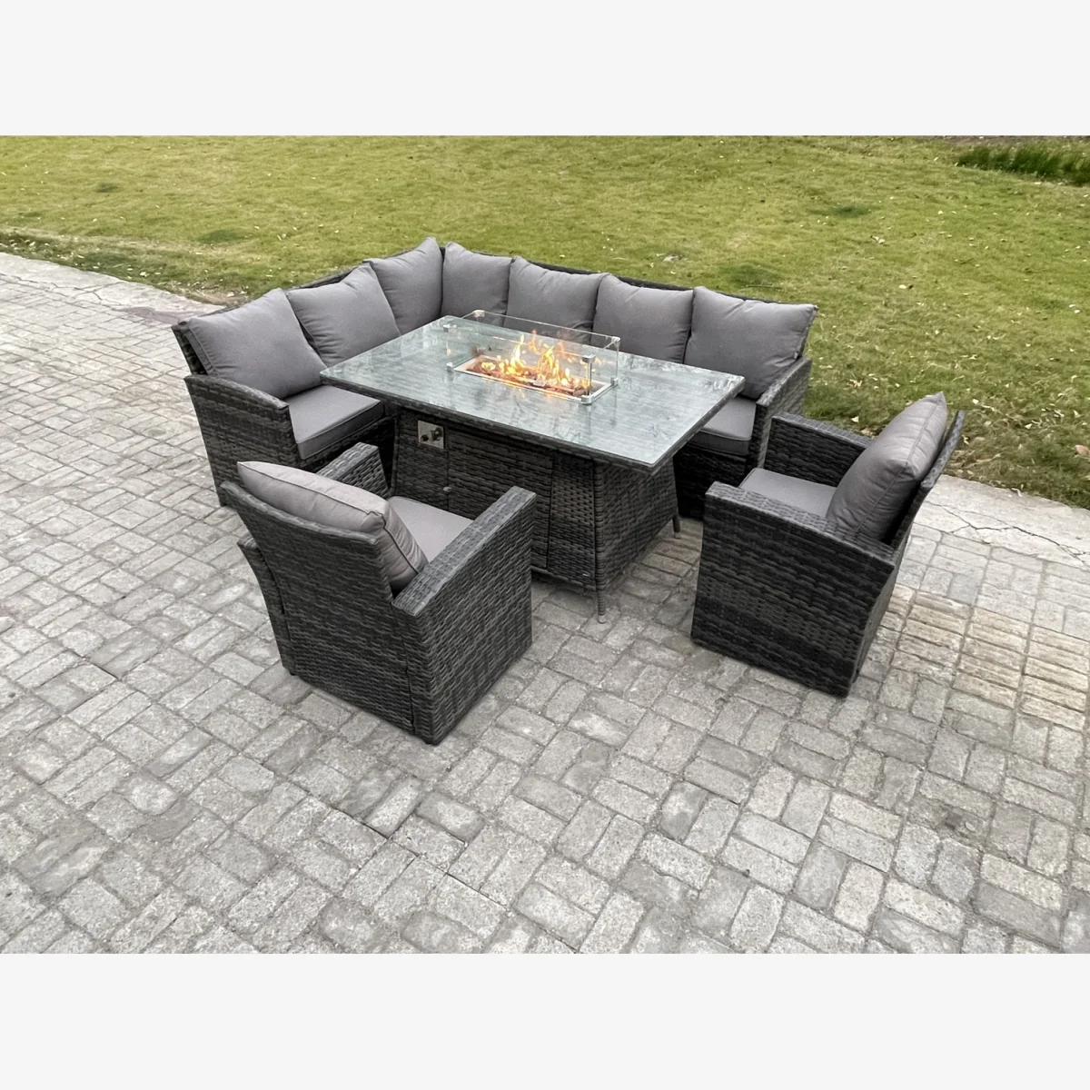 Fimous 8-Seater Rattan Garden Sofa Set with Gas Fire Pit Table and 2 Armchairs. - Dark grey mixed rattan with dark grey fabric – image 1