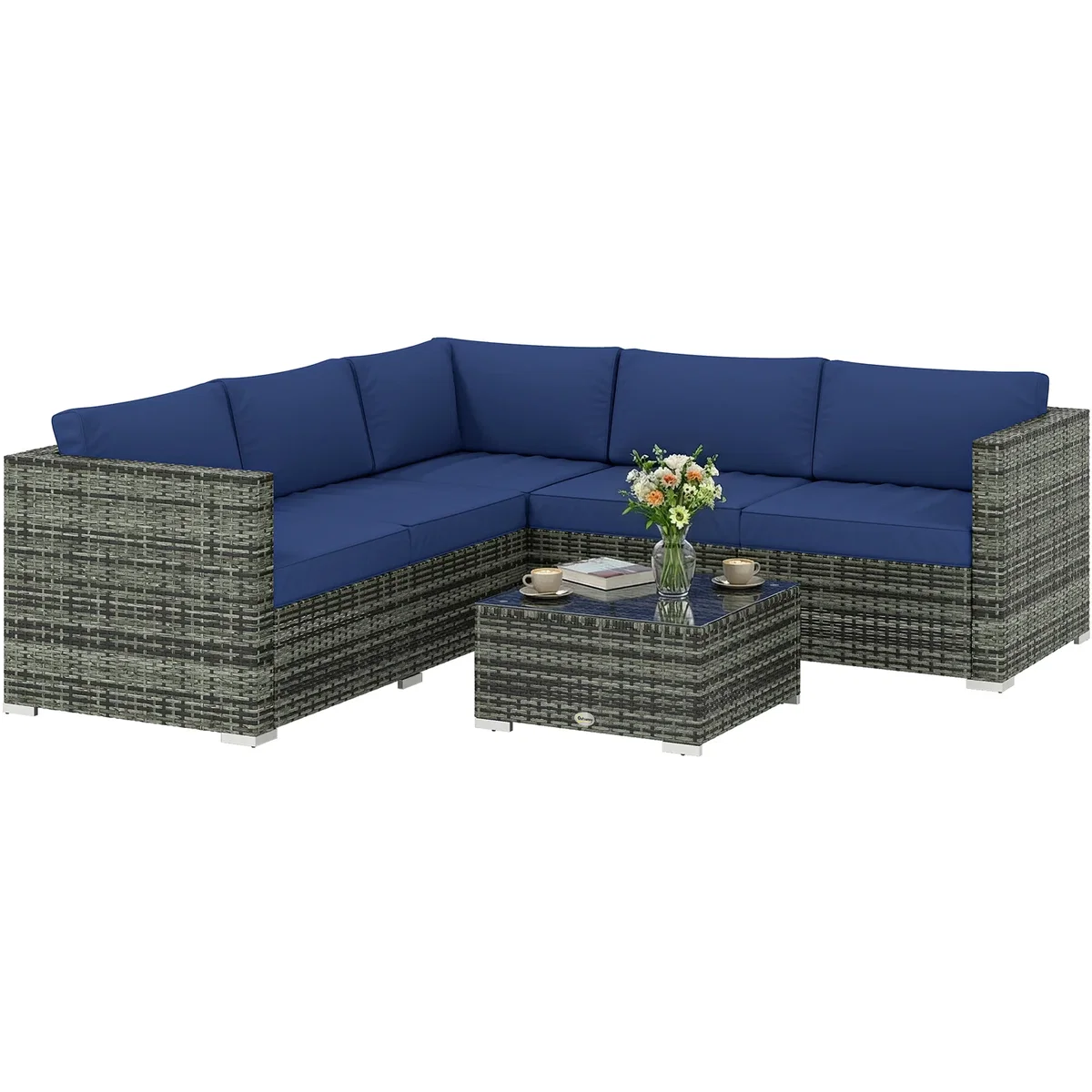 Outsunny 4 Pieces Rattan Garden Furniture Sofa Set with Coffee Table Blue - Blue – image 2