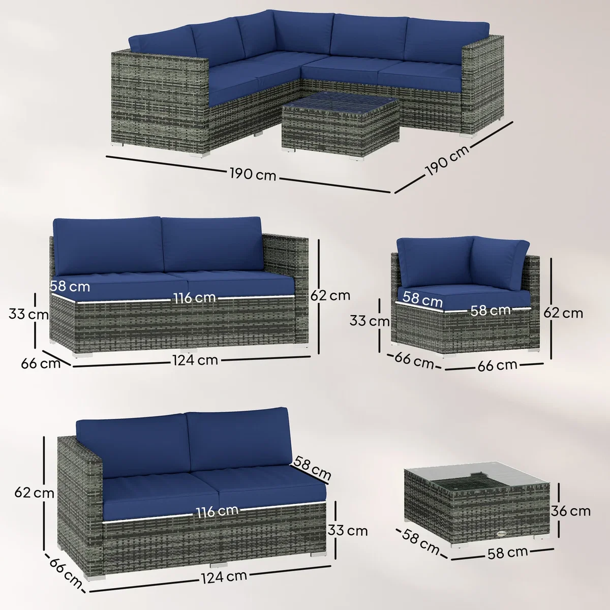 Outsunny 4 Pieces Rattan Garden Furniture Sofa Set with Coffee Table Blue - Blue – image 3