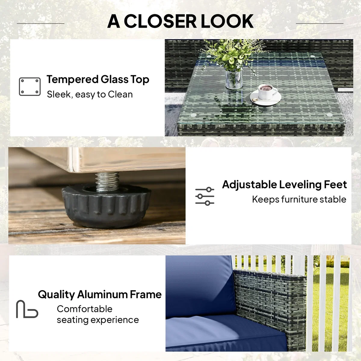 Outsunny 4 Pieces Rattan Garden Furniture Sofa Set with Coffee Table Blue - Blue – image 5