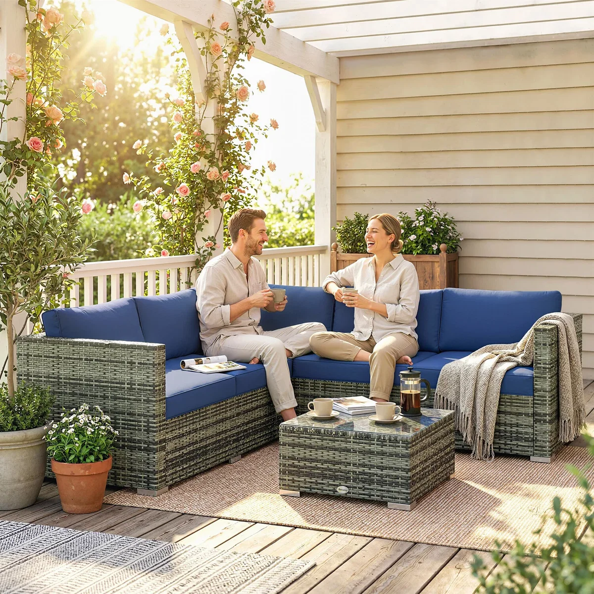 Outsunny 4 Pieces Rattan Garden Furniture Sofa Set with Coffee Table Blue - Blue – image 6