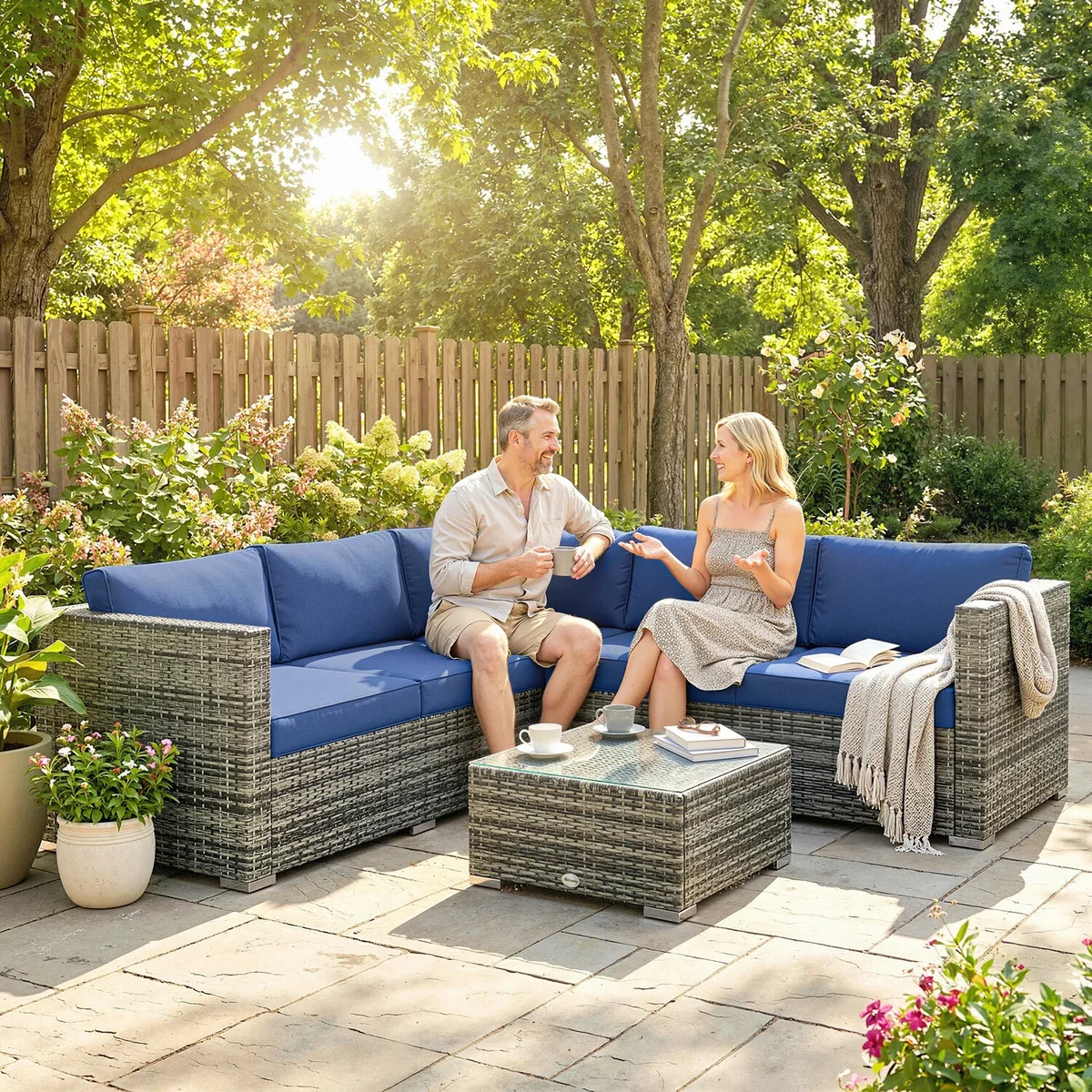 Outsunny 4 Pieces Rattan Garden Furniture Sofa Set with Coffee Table Blue - Blue – image 1