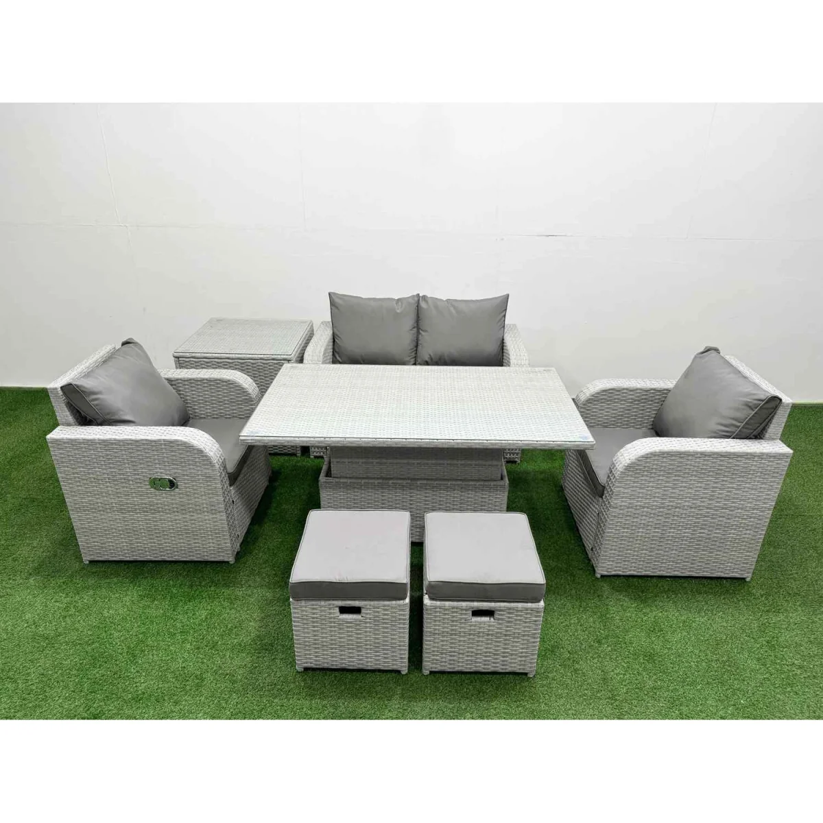 Fimous Light Grey PE Rattan 6-Seater Garden Sofa Set with Reclining Chairs and Lifting Table. - Light grey rattan with dark grey fabric – image 5