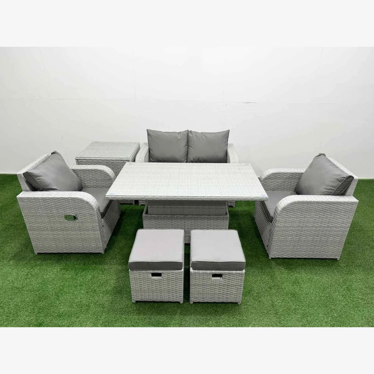 Fimous Light Grey PE Rattan 6-Seater Garden Sofa Set with Reclining Chairs and Lifting Table. - Light grey rattan with dark grey fabric – image 1