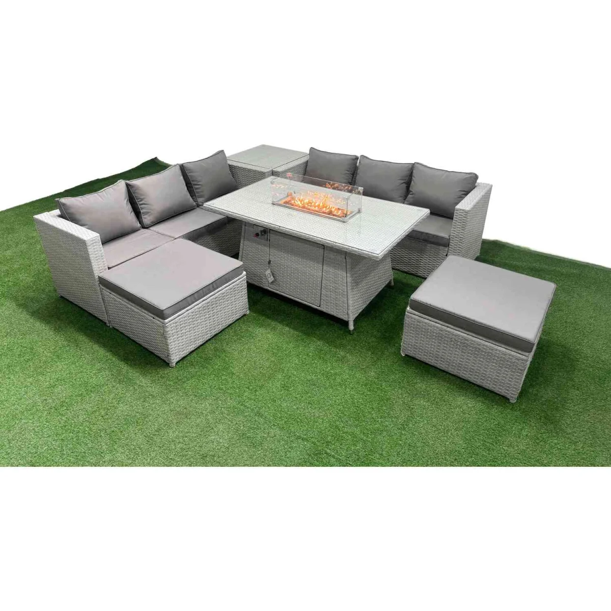 Fimous 8-Seater PE Rattan Outdoor Lounge Set with Firepit Table - Light Grey - Light Grey – image 4