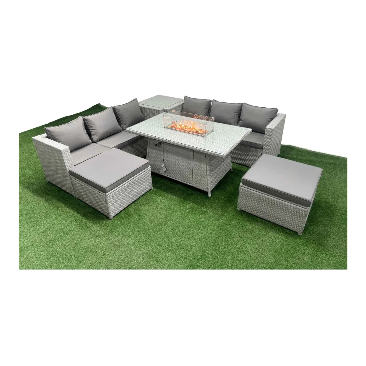 Fimous 8-Seater PE Rattan Outdoor Lounge Set with Firepit Table - Light Grey - Light Grey – image 1
